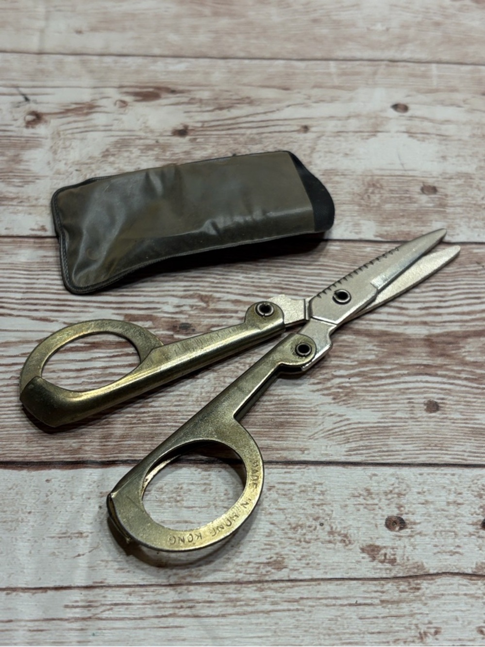 Vintage Brass-Colored Folding Grooming Scissors with Pouch
